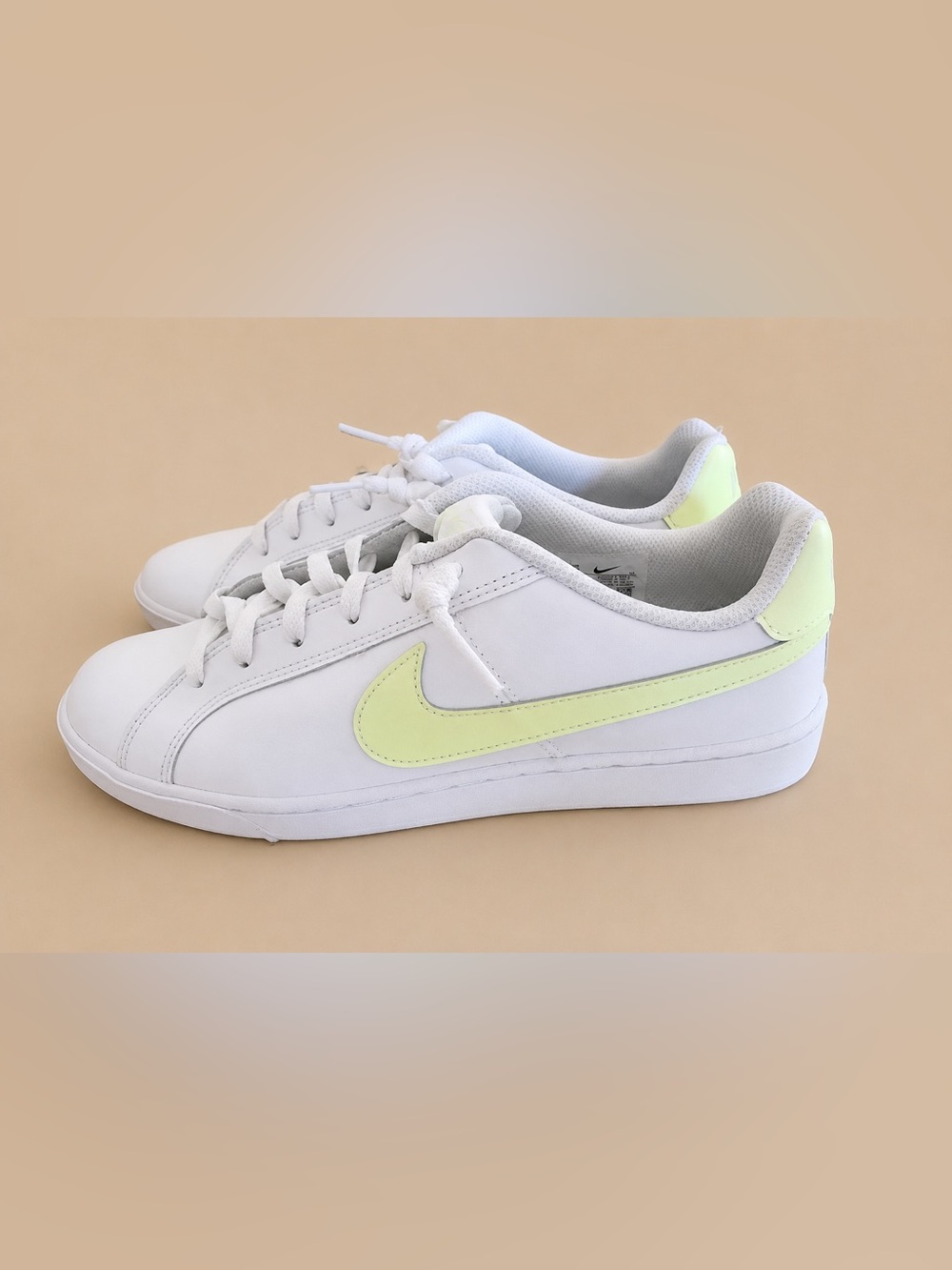 Nike White Women's Low-Top Sneakers with Pale Yellow light green swoosh. W 9.5